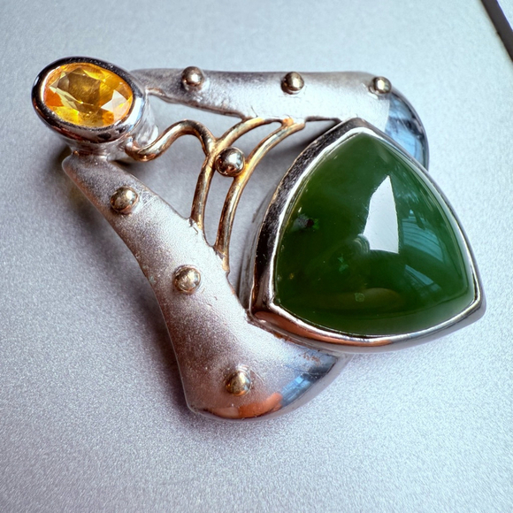 Modernist 12.15CT Jade & Citrine Sterling Silver Artisan Enhancer Slider Pendant - Picture 2 of 7